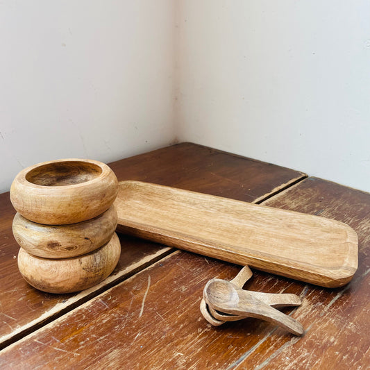 Mango Wood Tray with 3 Bowls and Spoons