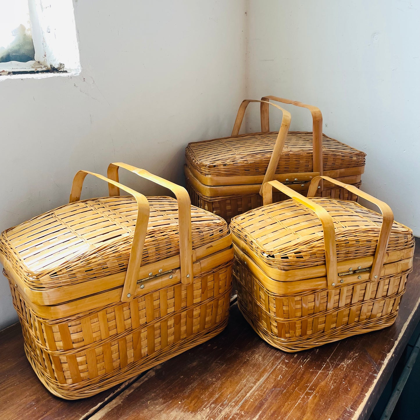 Woven Bamboo Nesting Picnic Baskets- Vintage