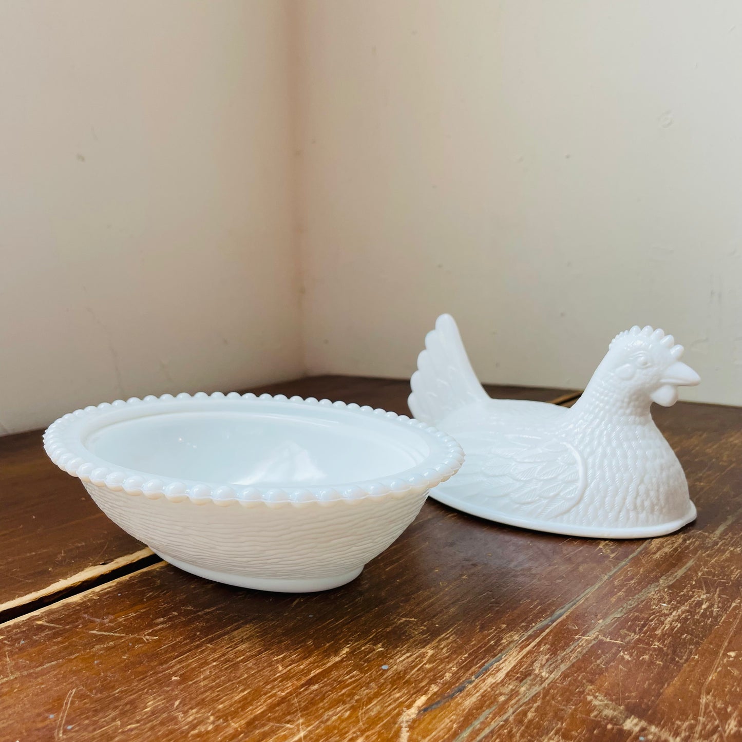 Hen on Nest Milk Glass Candy Dish- Vintage