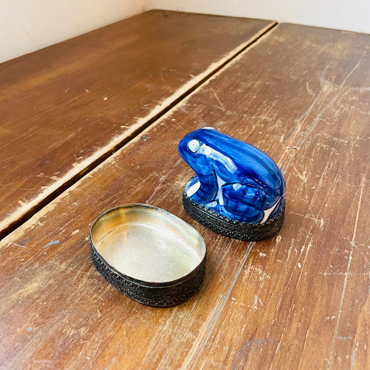 Blue & White Ceramic Frog on a Silver Base Box- Vintage