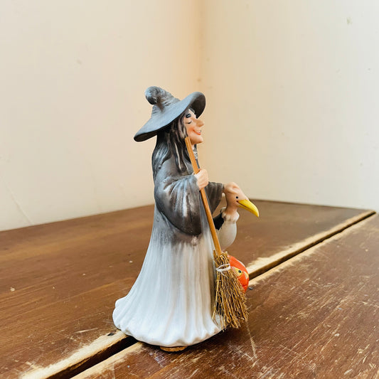 Porcelain Witch with a Buzzard, Broom & Jack-o-Lantern- Vintage