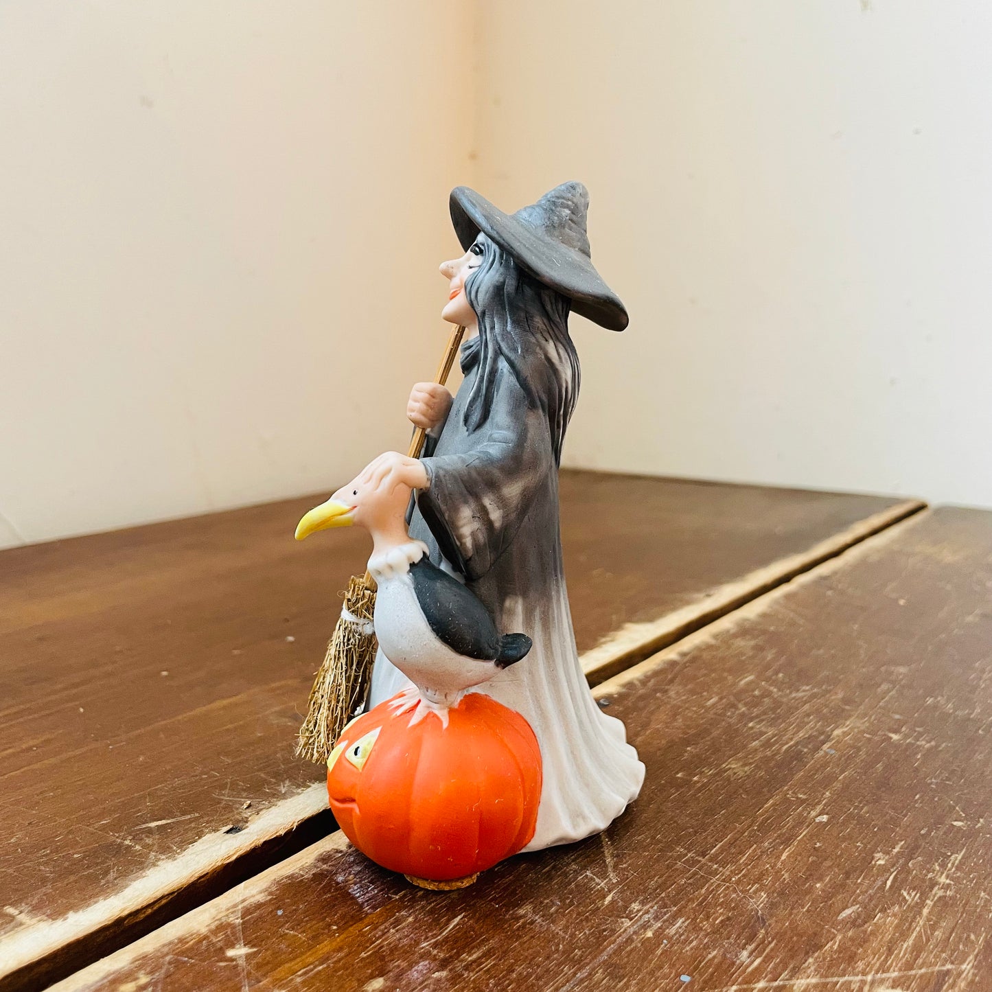 Porcelain Witch with a Buzzard, Broom & Jack-o-Lantern- Vintage