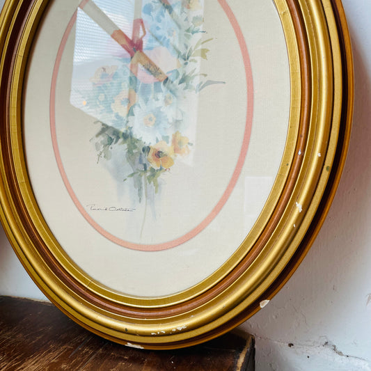 Oval Framed Watercolor Floral Prints- Vintage