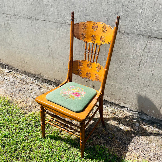 Carved Oak Spindle Chair with Floral Needlepoint Seat- Vintage