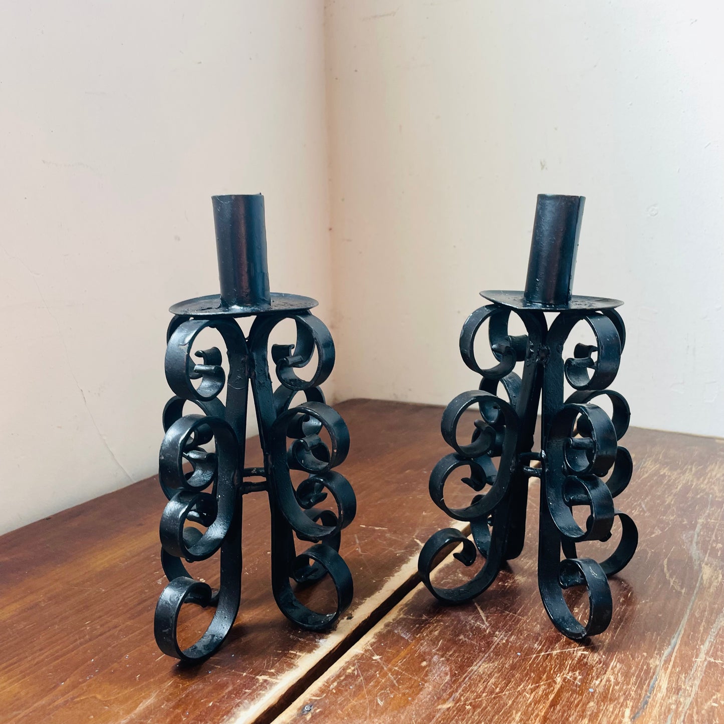 Mexican Made Black Wrought Iron Taper Candle Holder Set- Vintage