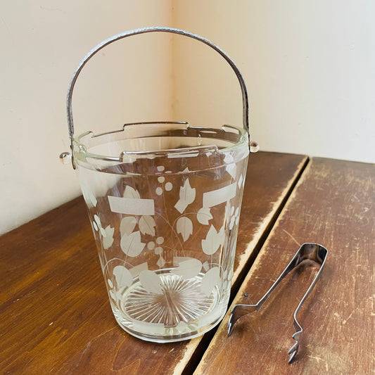 Etched Grapevine Ice Bucket with Metal Tongs- Vintage