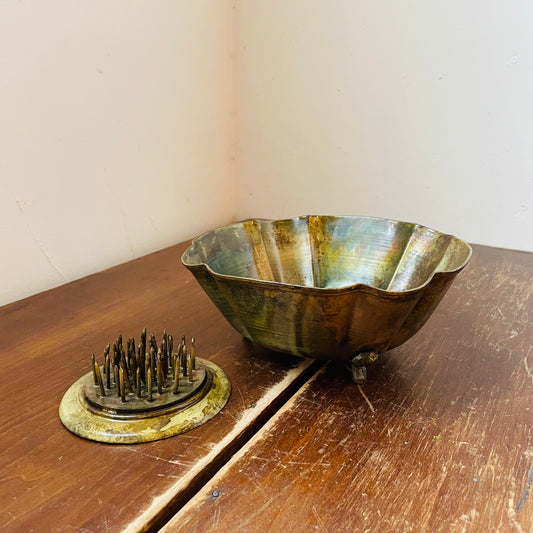 Antique Gold Bowl with Needle Flower Frog