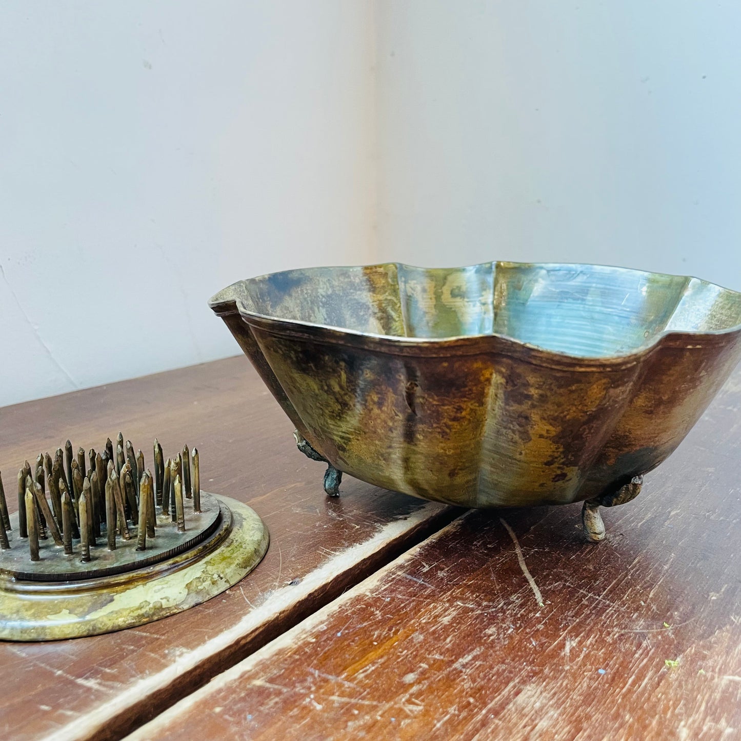 Antique Gold Bowl with Needle Flower Frog