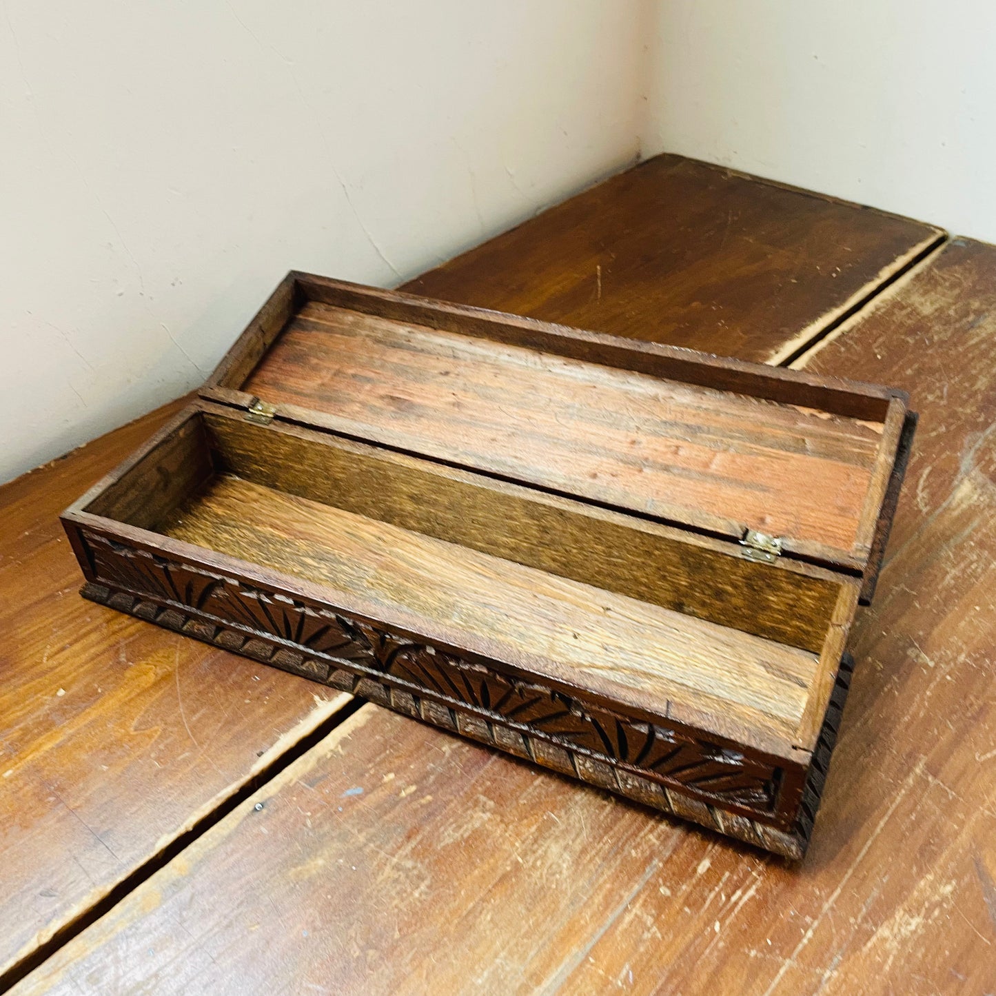 European Folk Art Hand-Carved Long Wooden Box- Vintage