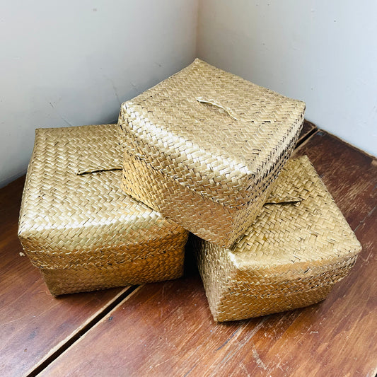 Hand-Woven Baskets with Lids- Set of 3