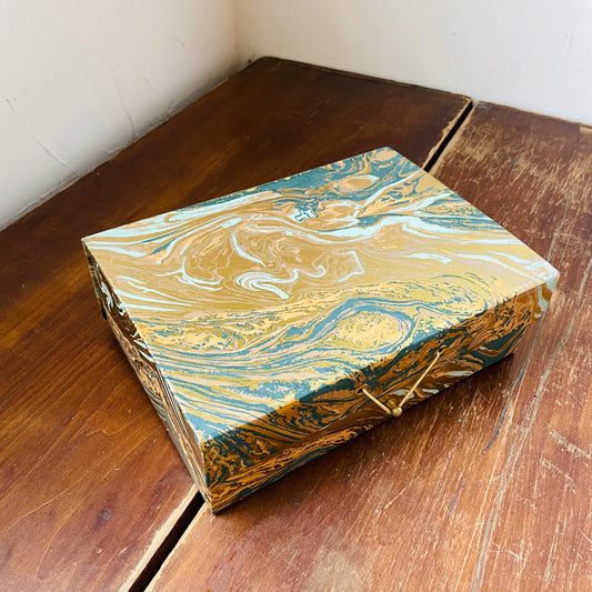 Handmade Recycled Marbled Paper and Cardboard Box with Elastic Cord and Gold Ball Closure