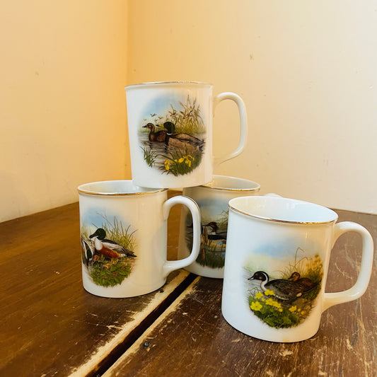 Waterfowl Collection of Mugs with Gold Rims- Vintage