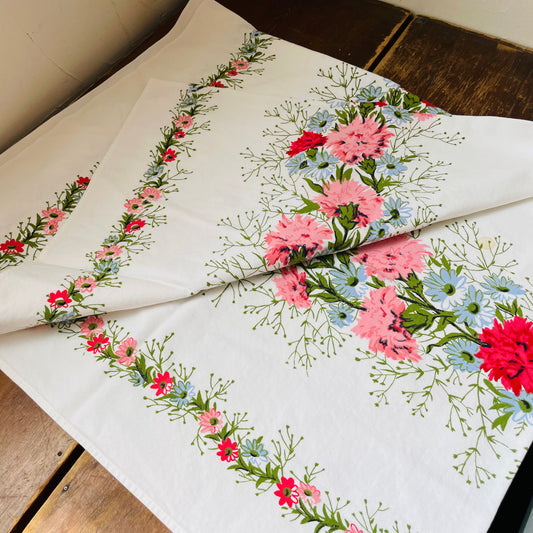 Pink & Blue Carnation Table Cloth- Vintage