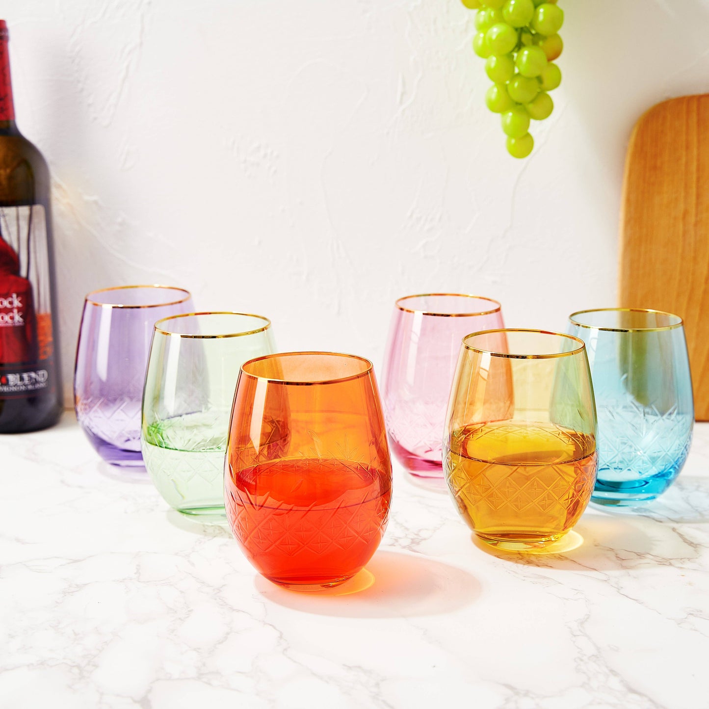 Art Deco Colored Stemless Wine Glasses- Set of 6
