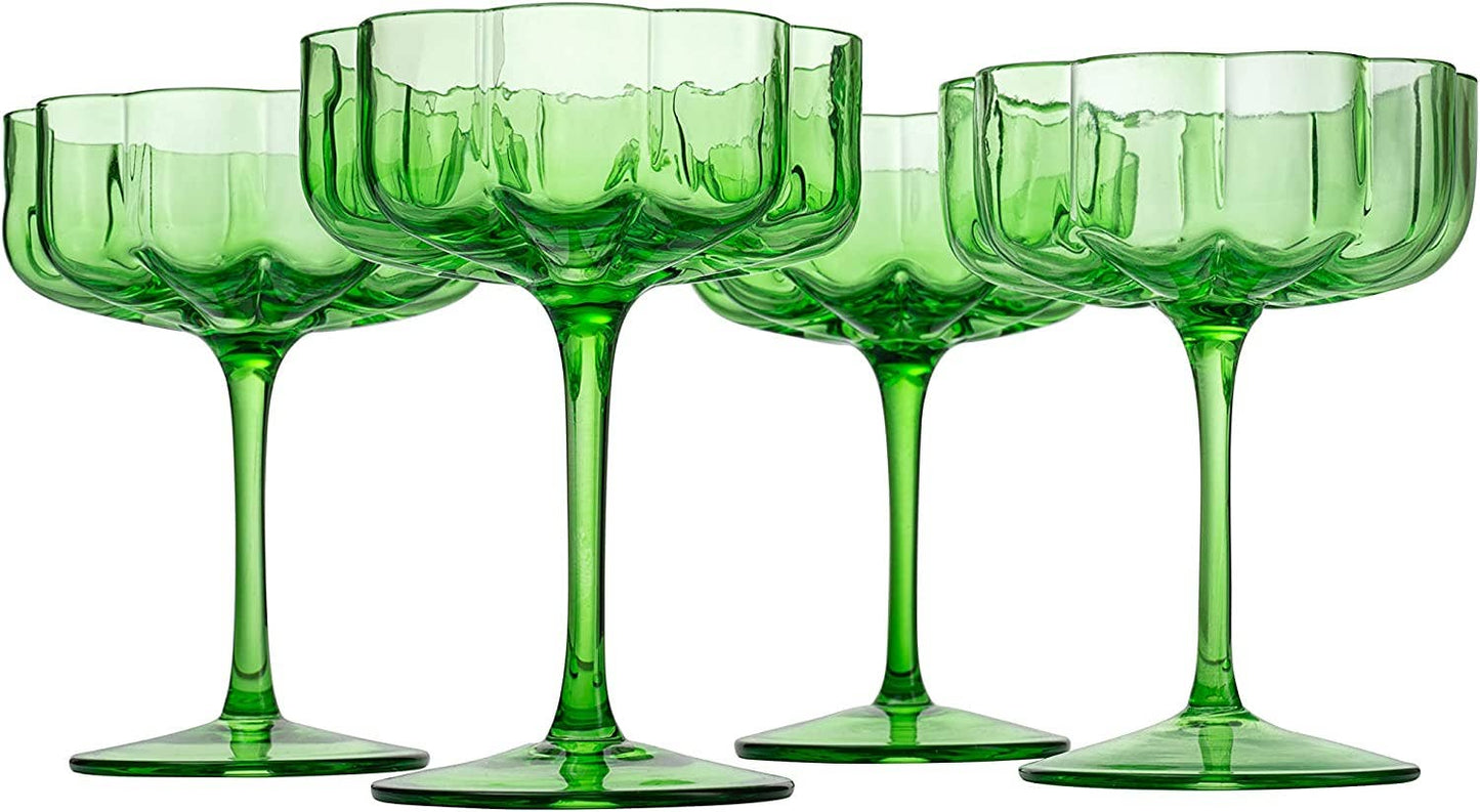 Green Flower Champagne Coupes- Set of 4