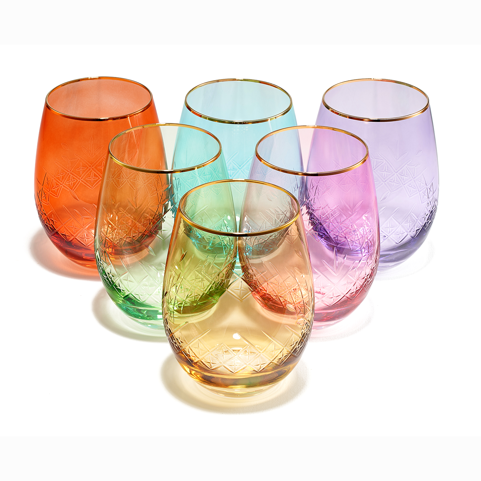 Art Deco Colored Stemless Wine Glasses- Set of 6