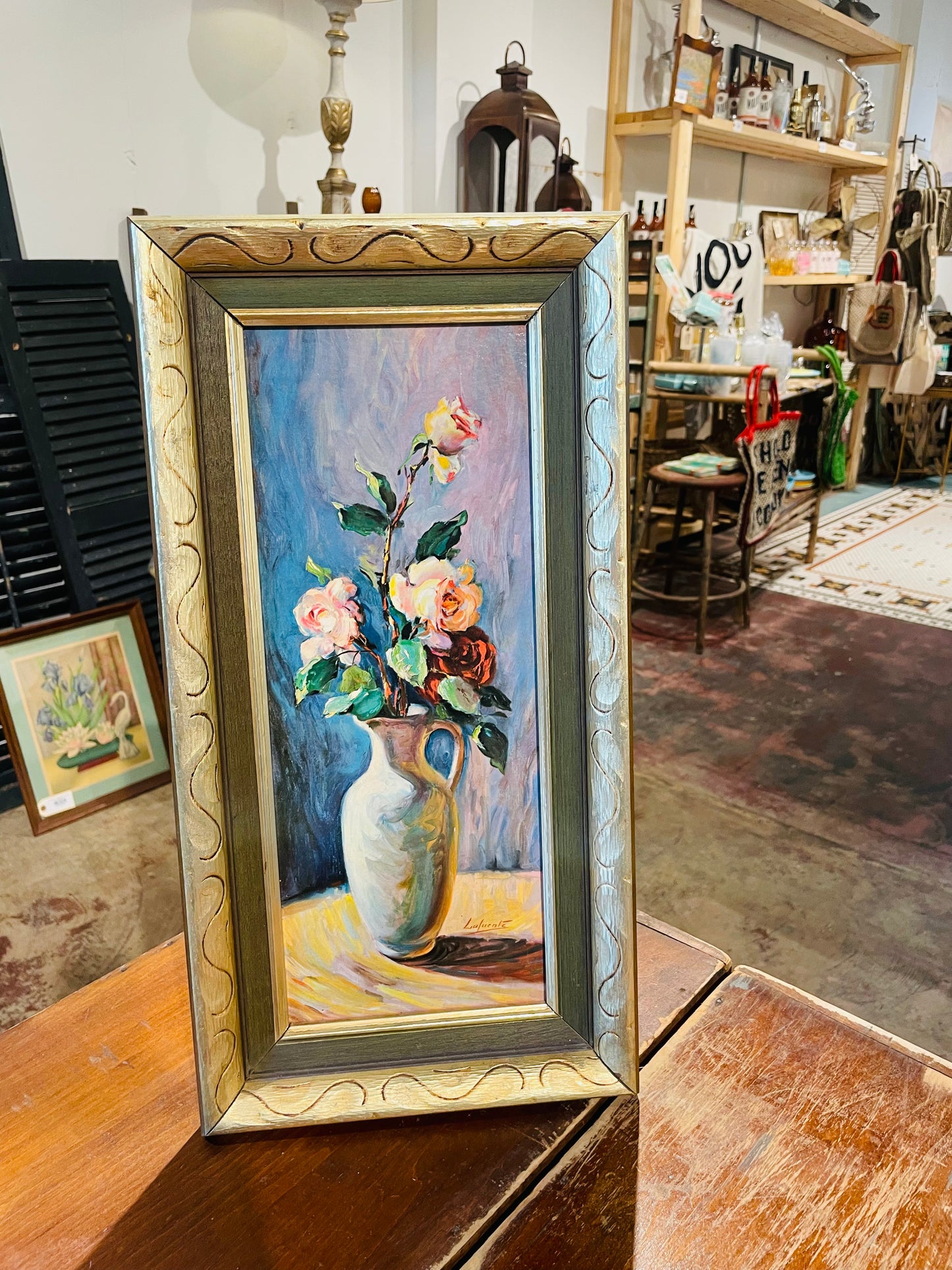Rose Stem in Vase Frame Painting- Vintage