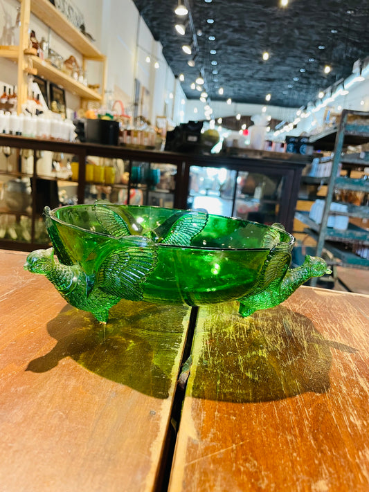 Green Glass Pheasant Bowl- Vintage