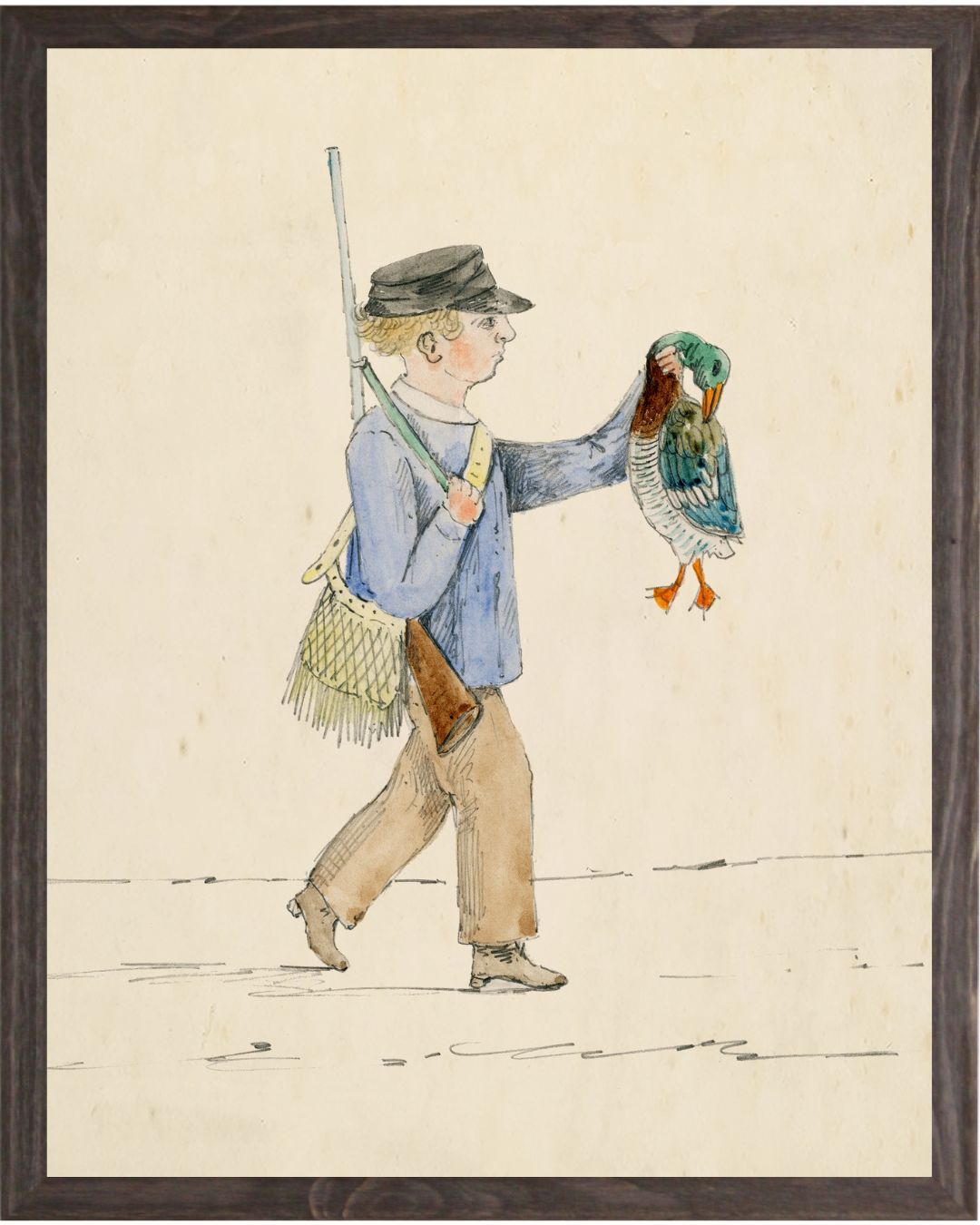 Framed Watercolor Sketch of a Duck Hunter