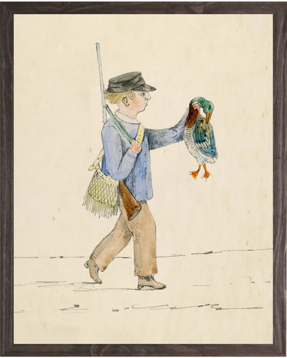 Framed Watercolor Sketch of a Duck Hunter
