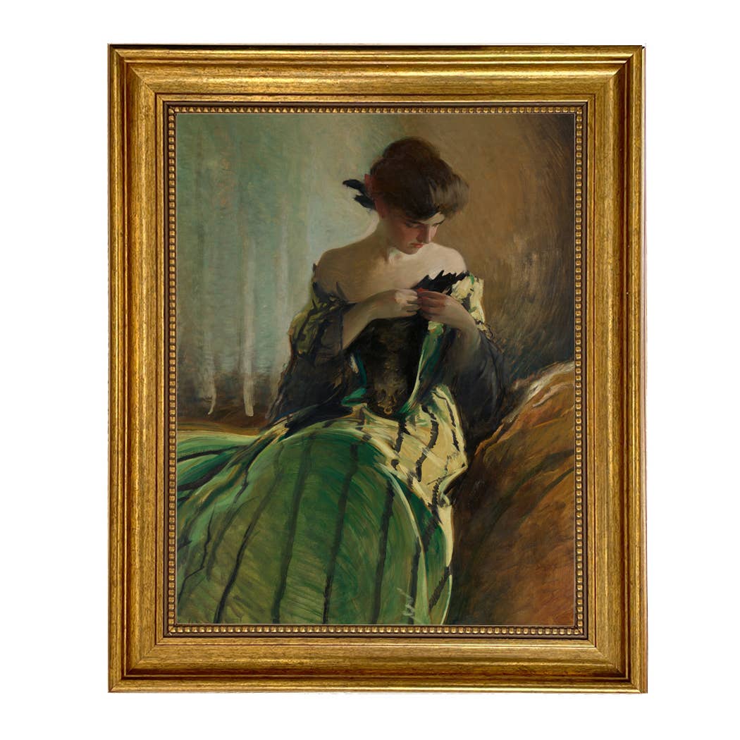 Woman in Black & Green Dress Oil Painting on Canvas