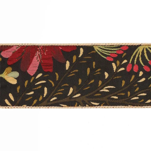 2 1/2" Reversible Floral Tapestry Wired Ribbon | Forrest Pale Gold & Black
