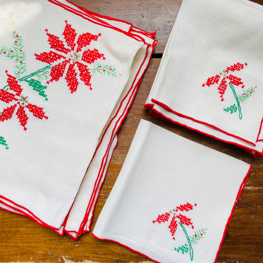 Poinsettia Cross Stitch Napkins & Placemats- Vintage