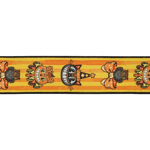 2 1/2" Wired Dupioni Ribbon | Vintage Halloween Faces