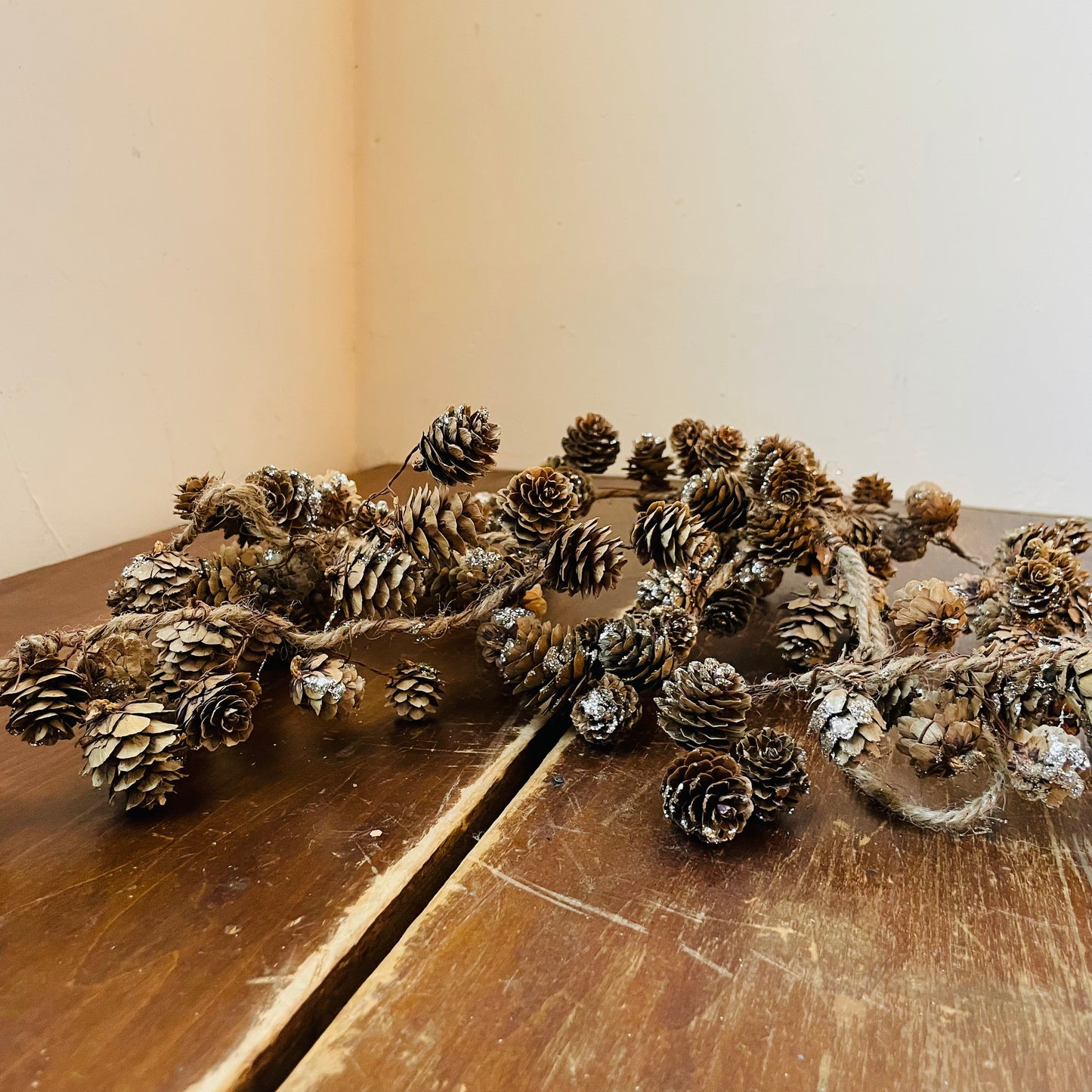 Pinecone Garland with Glitter & Jute Cord