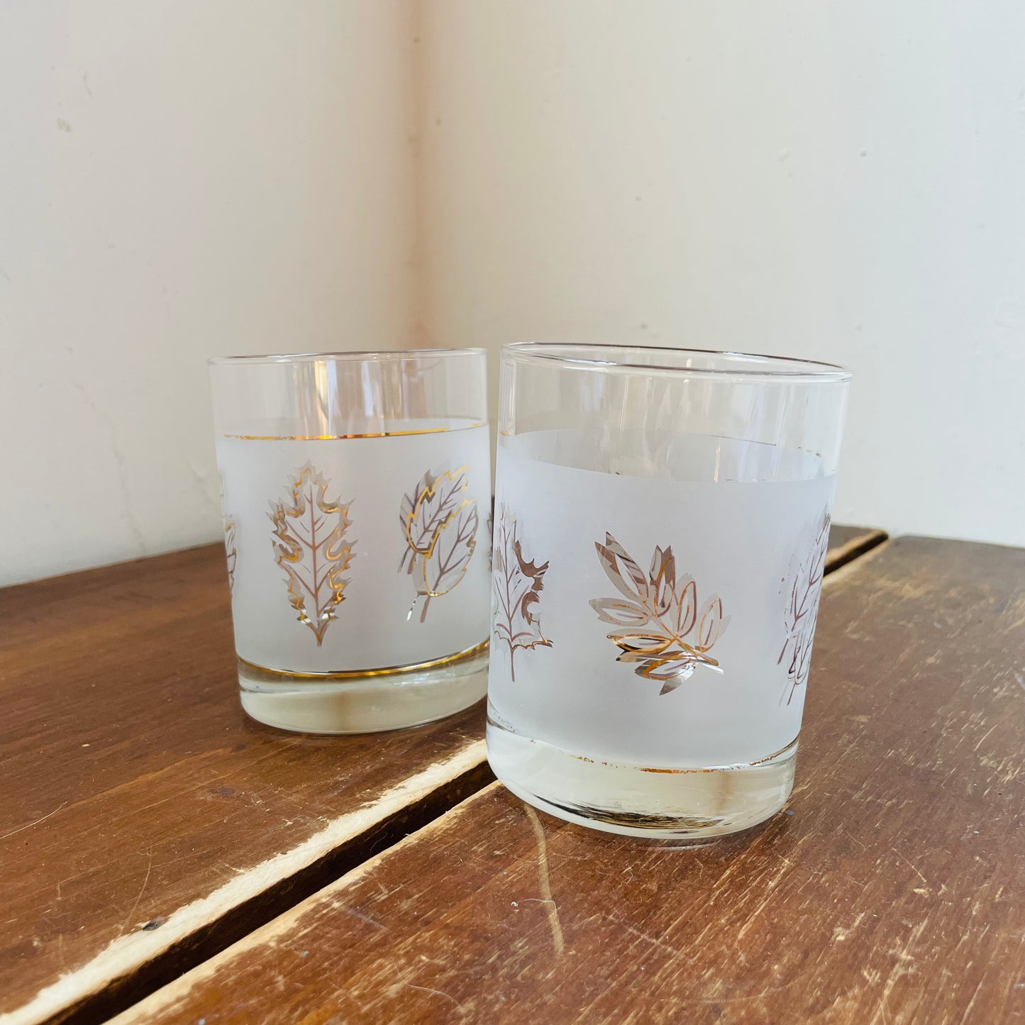 Leaf Etched Lowball Glasses- Set of 2- Vintage