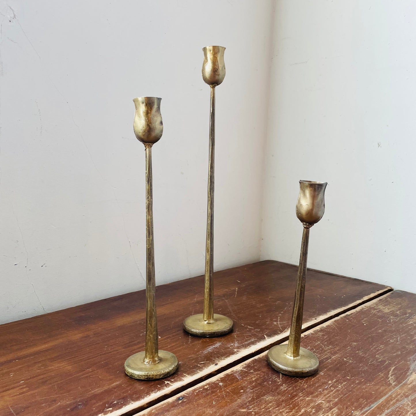 Set of 3 Antiqued Brass Candlestick Holders
