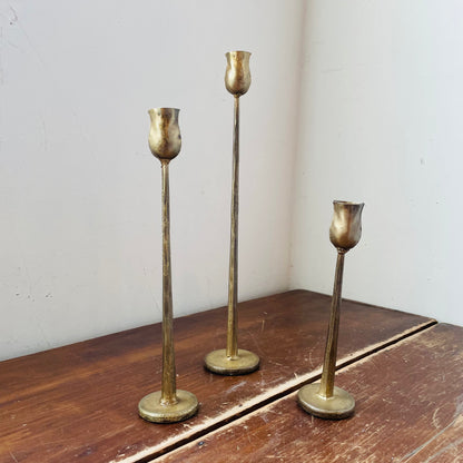 Set of 3 Antiqued Brass Candlestick Holders