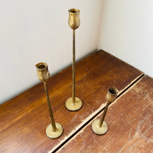 Set of 3 Antiqued Brass Candlestick Holders