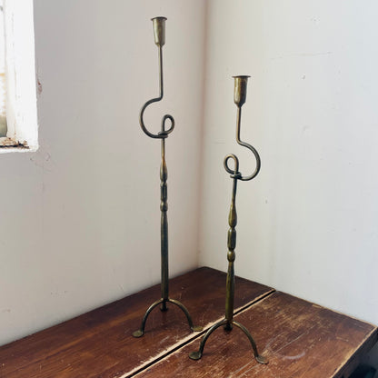 Set of 2 Antiqued Brass Loop & Footed Candlestick Holders
