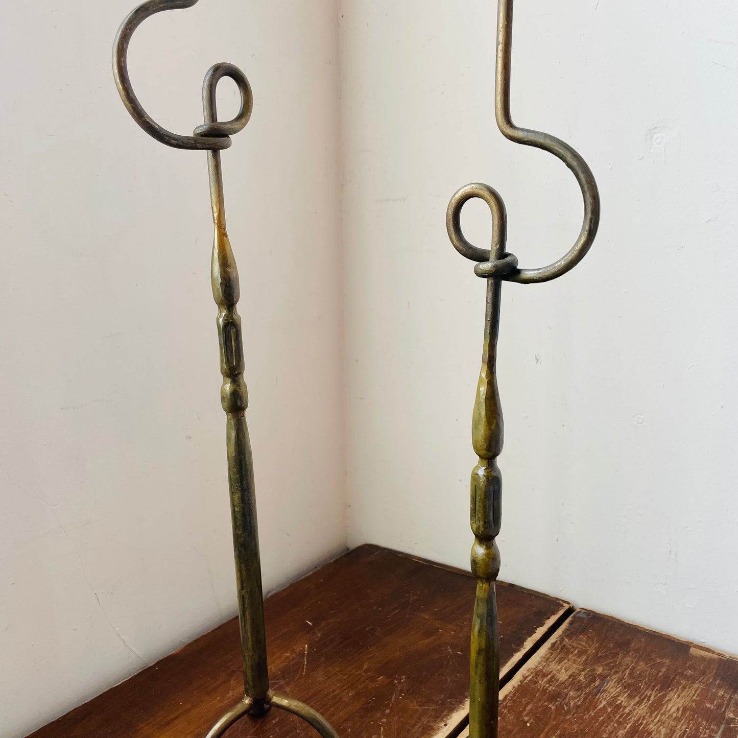 Set of 2 Antiqued Brass Loop & Footed Candlestick Holders