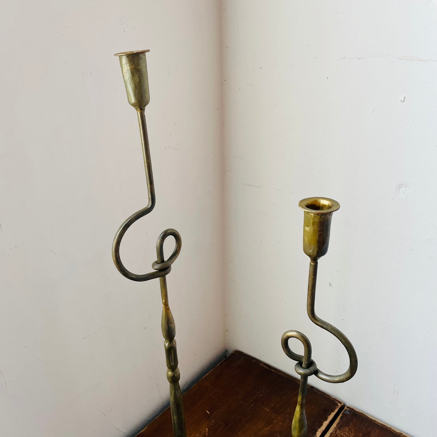 Set of 2 Antiqued Brass Loop & Footed Candlestick Holders