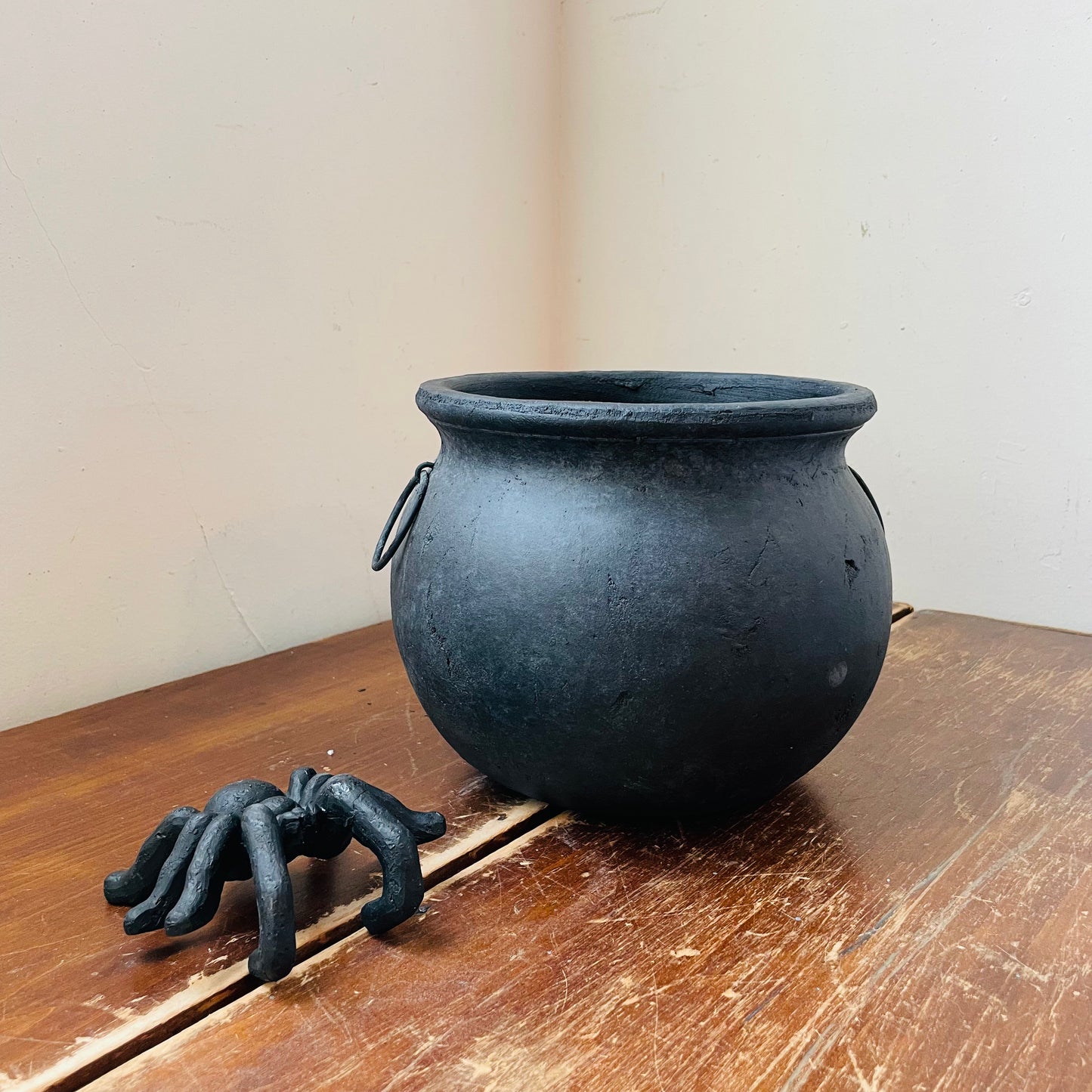 Black Terracotta Halloween Candy Cauldron with Spider