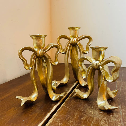 Set of 3 Golden Bow Taper Candle Holders