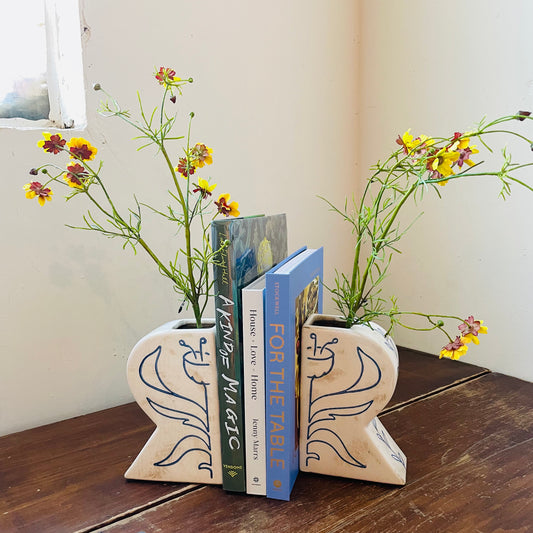 Flower Terracotta Vases/Bookends- Set of 2