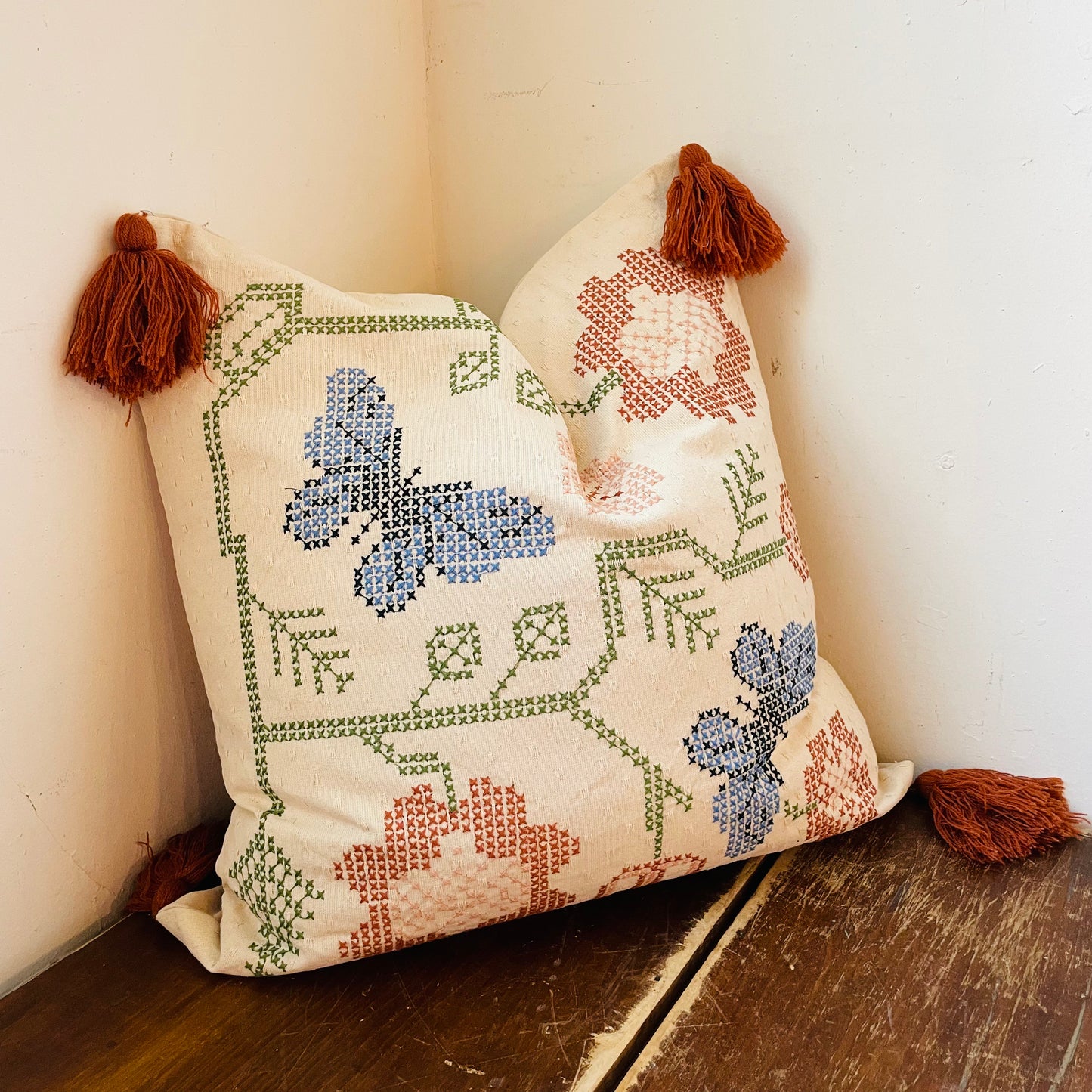 Square Cotton Dobby Cross-Stitch Pillow with Tassels