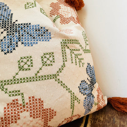 Square Cotton Dobby Cross-Stitch Pillow with Tassels