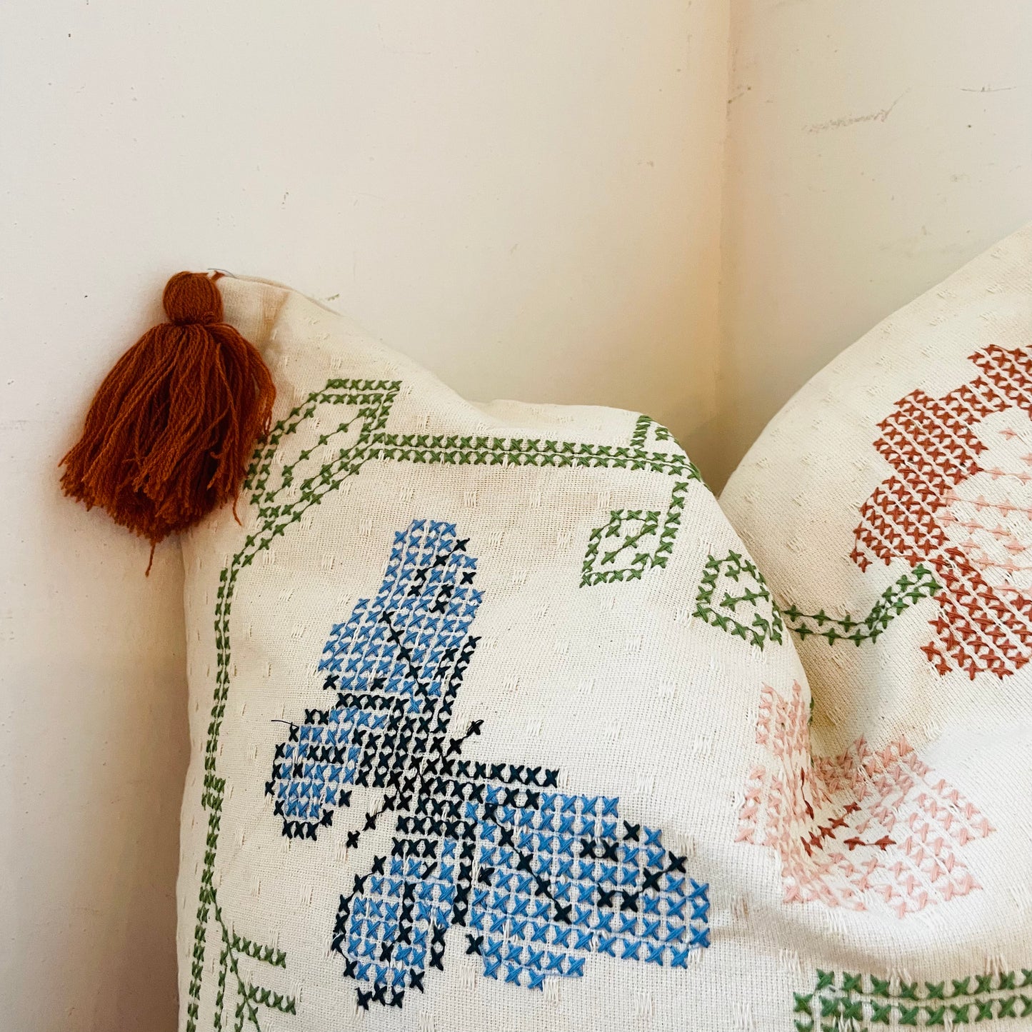 Square Cotton Dobby Cross-Stitch Pillow with Tassels