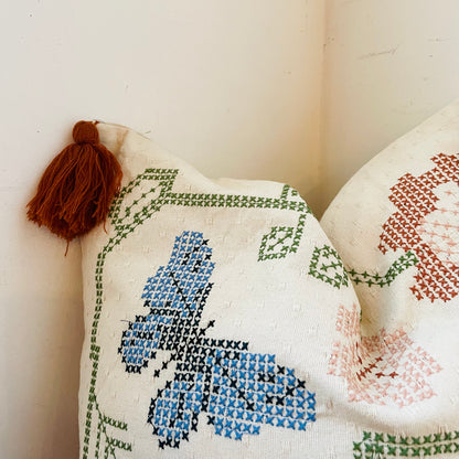 Square Cotton Dobby Cross-Stitch Pillow with Tassels