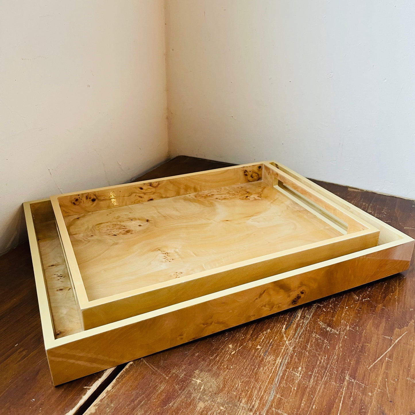 Burl Wood Rectangular Tray with Handles