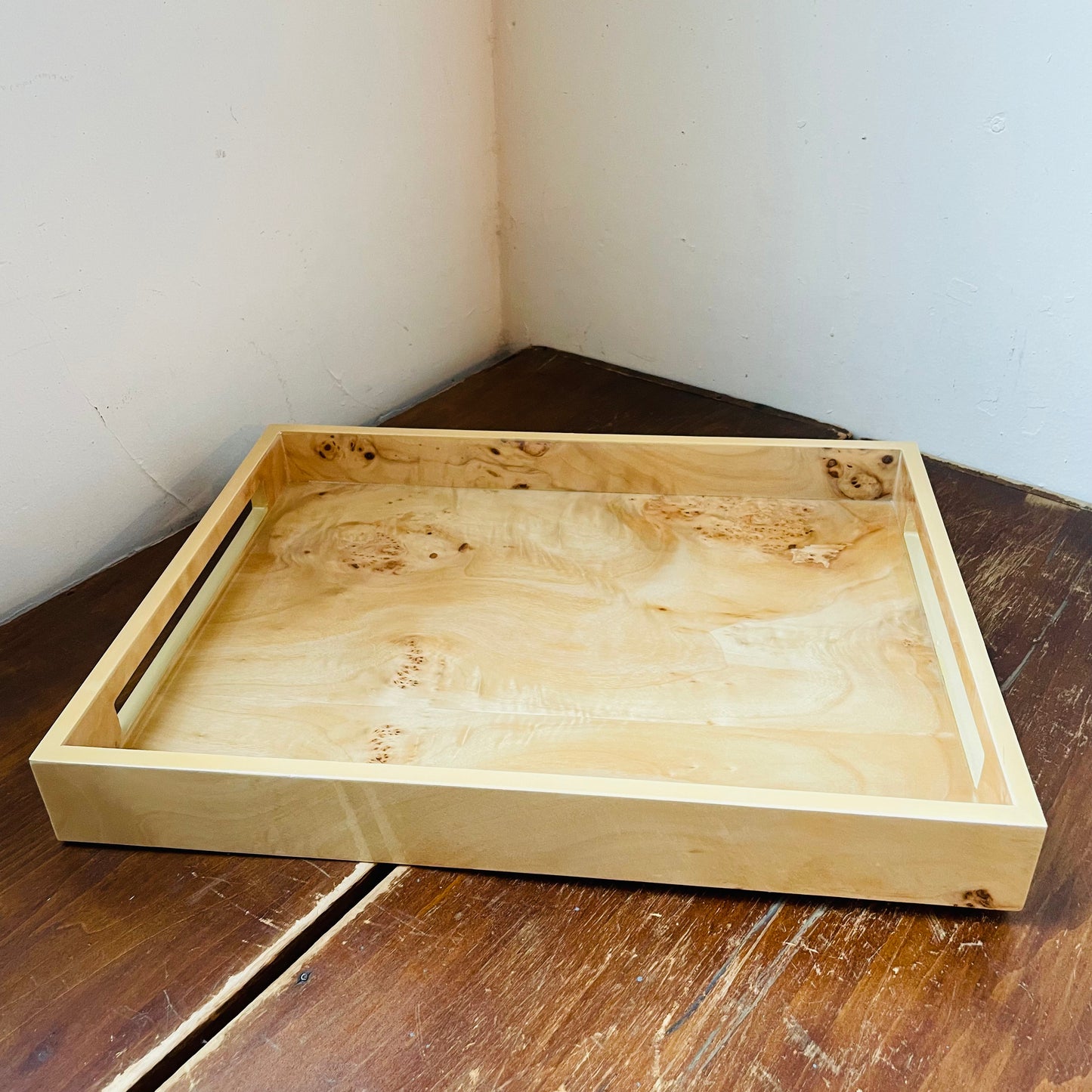 Burl Wood Rectangular Tray with Handles