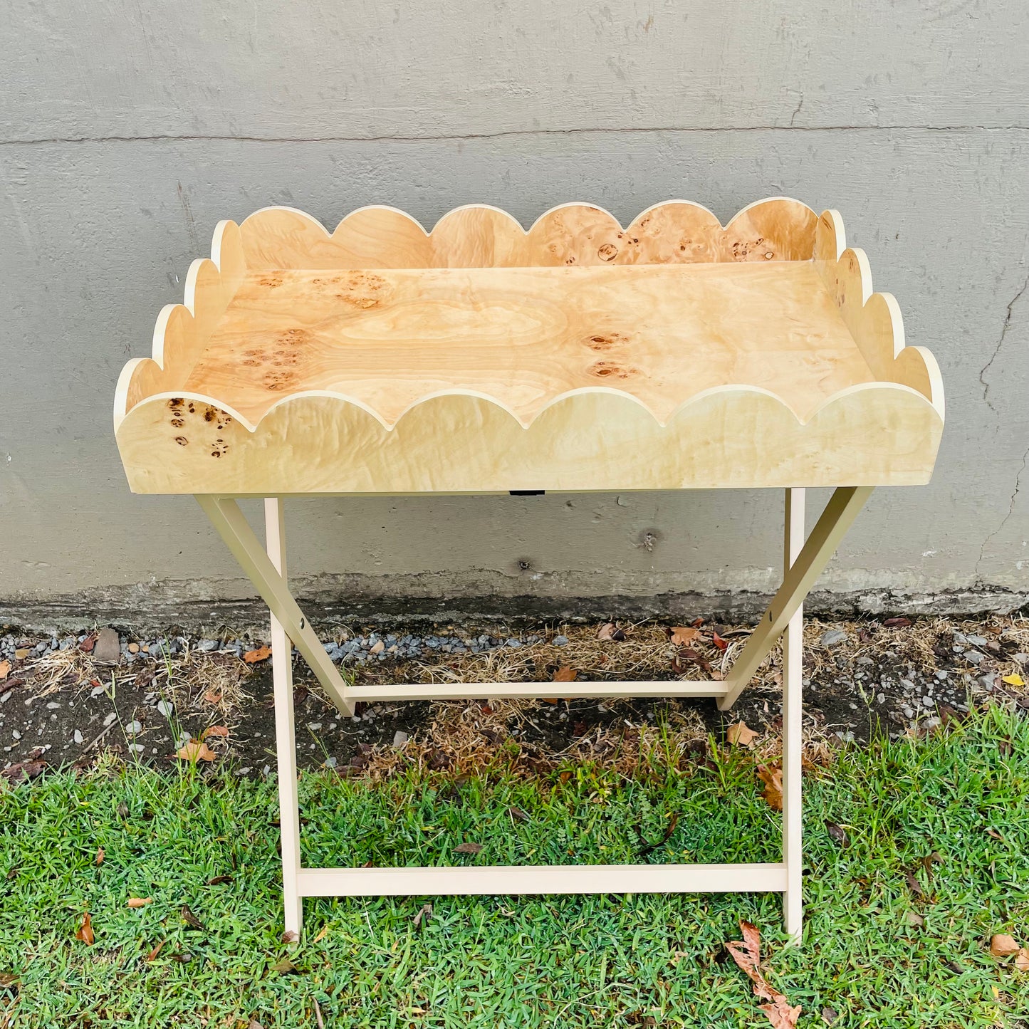 Burl Wood Veneer Folding Table w/ Removable Scalloped Tray