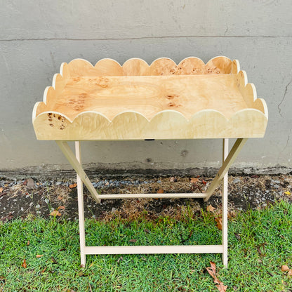 Burl Wood Veneer Folding Table w/ Removable Scalloped Tray