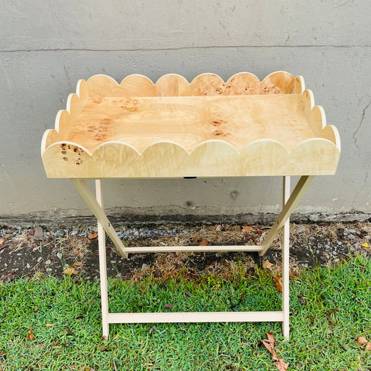 Burl Wood Veneer Folding Table w/ Removable Scalloped Tray