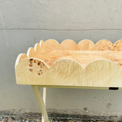 Burl Wood Veneer Folding Table w/ Removable Scalloped Tray