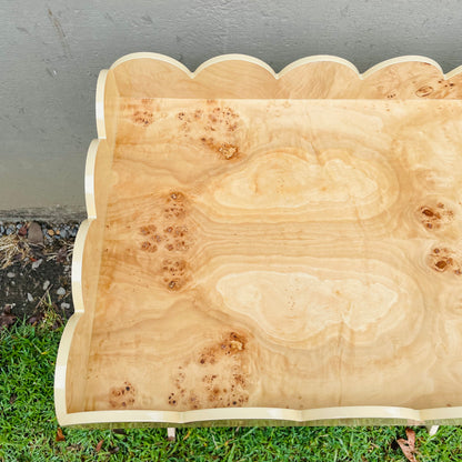 Burl Wood Veneer Folding Table w/ Removable Scalloped Tray